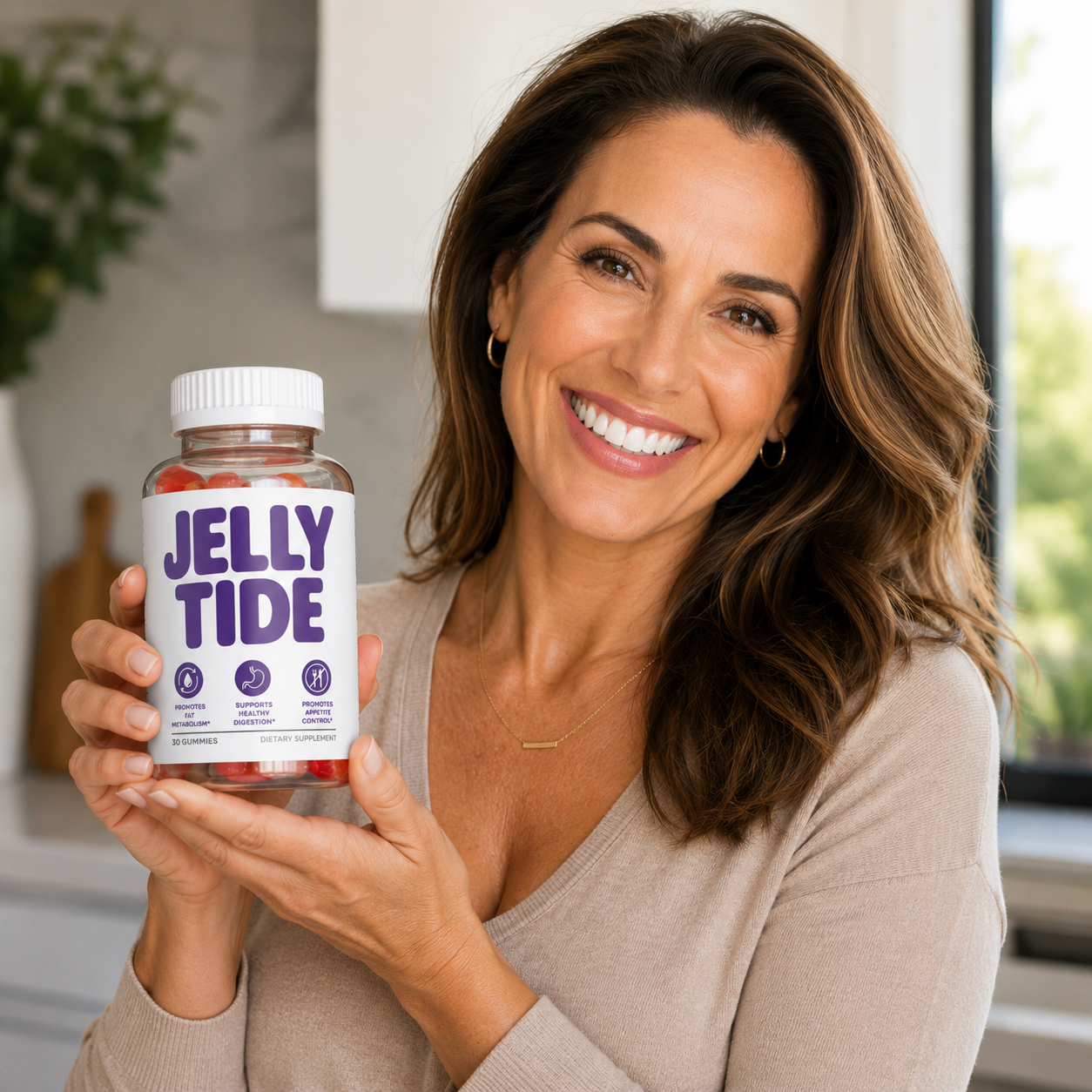 Independent reviewer holding JellyTide supplement bottles